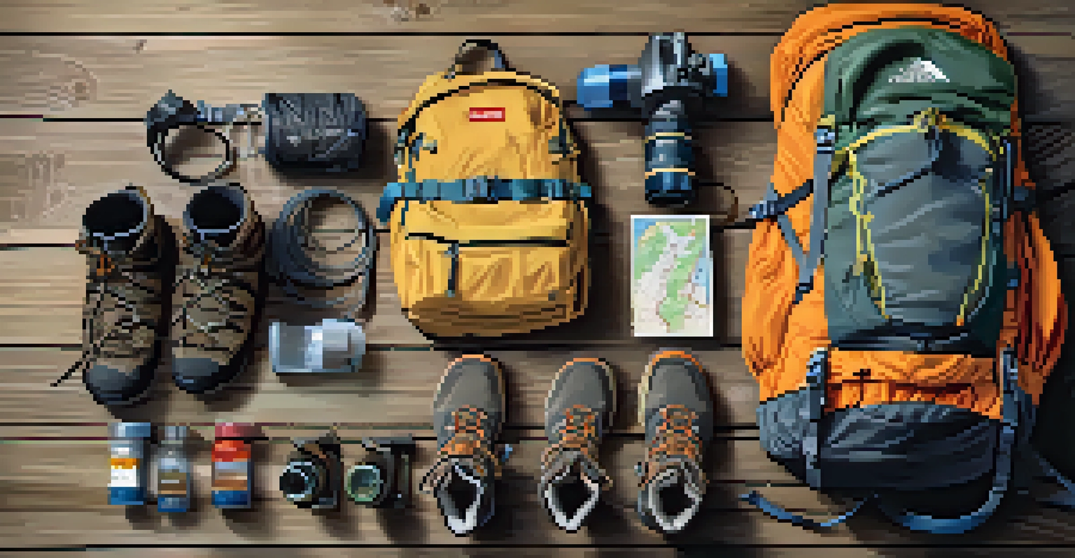 Essential hiking gear including boots, a jacket, a hydration pack, and a map on a wooden surface.
