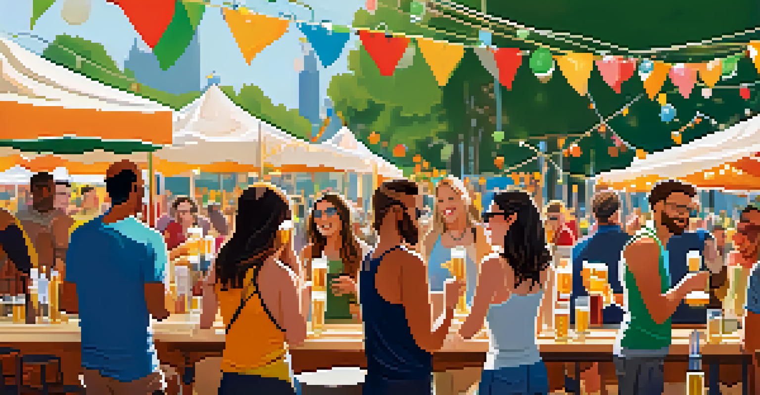 A lively outdoor craft beer festival with friends sampling beers at a booth under sunny skies.
