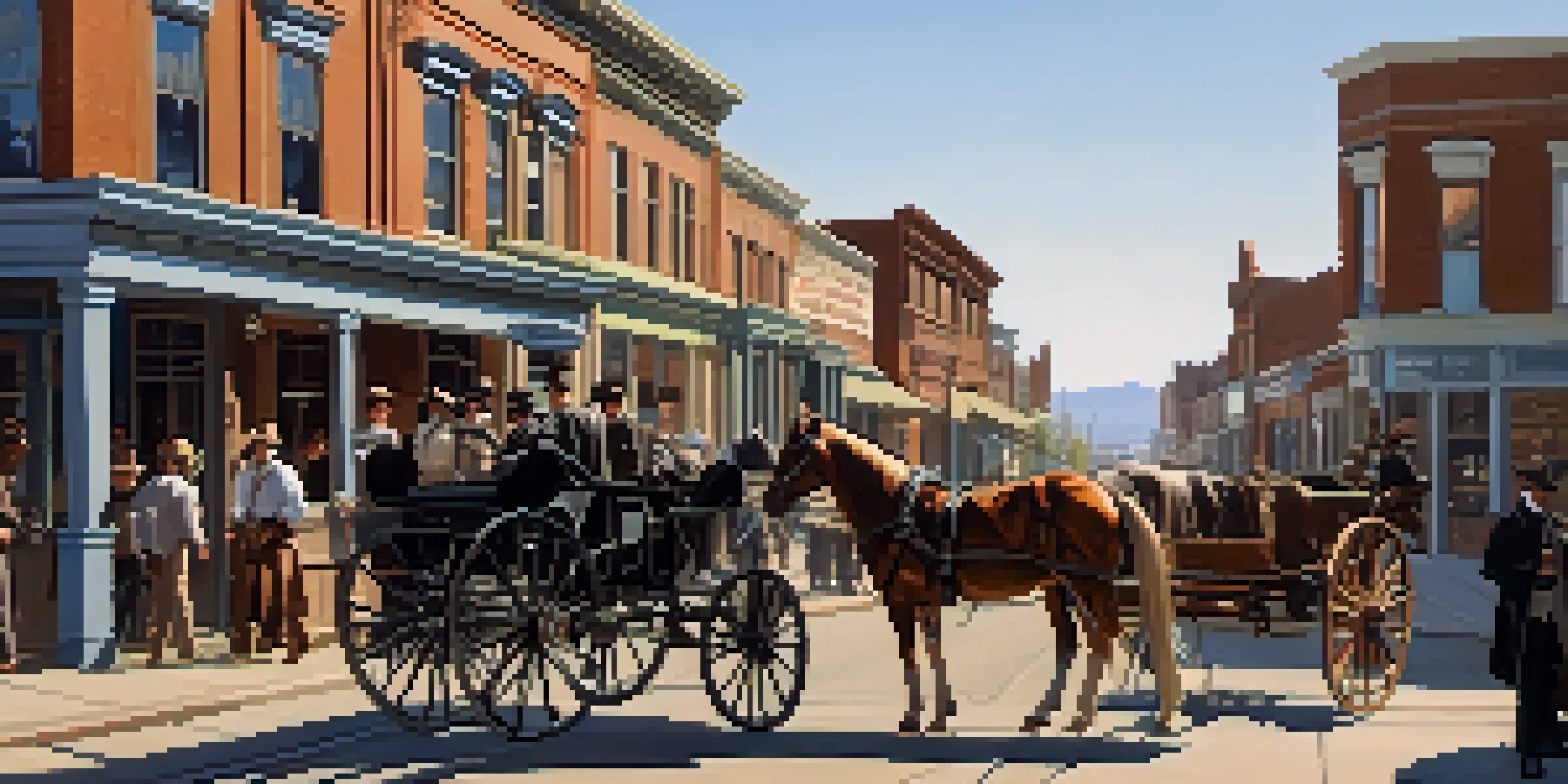A historical street in 1860s Denver with horse-drawn carriages, early railroad tracks, and people in period clothing under a blue sky.
