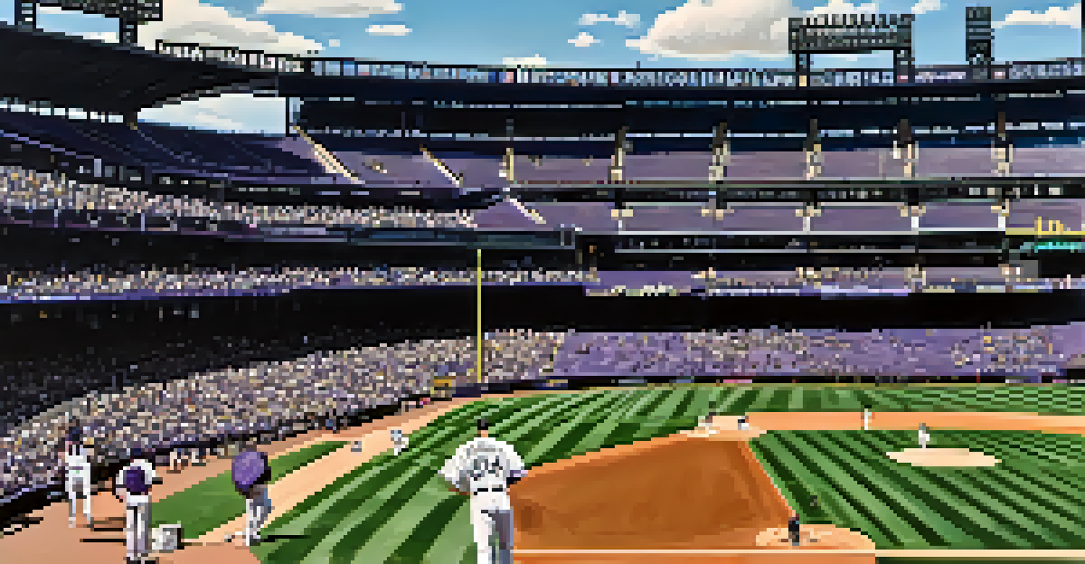 A bustling MLB Opening Day at Coors Field with fans, players, and the Denver skyline on a sunny spring day.