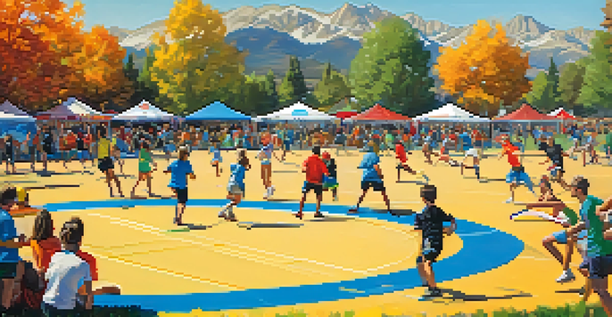 A lively community sports festival in Denver, featuring people engaged in activities like ultimate frisbee and running, with the Rocky Mountains in the background.