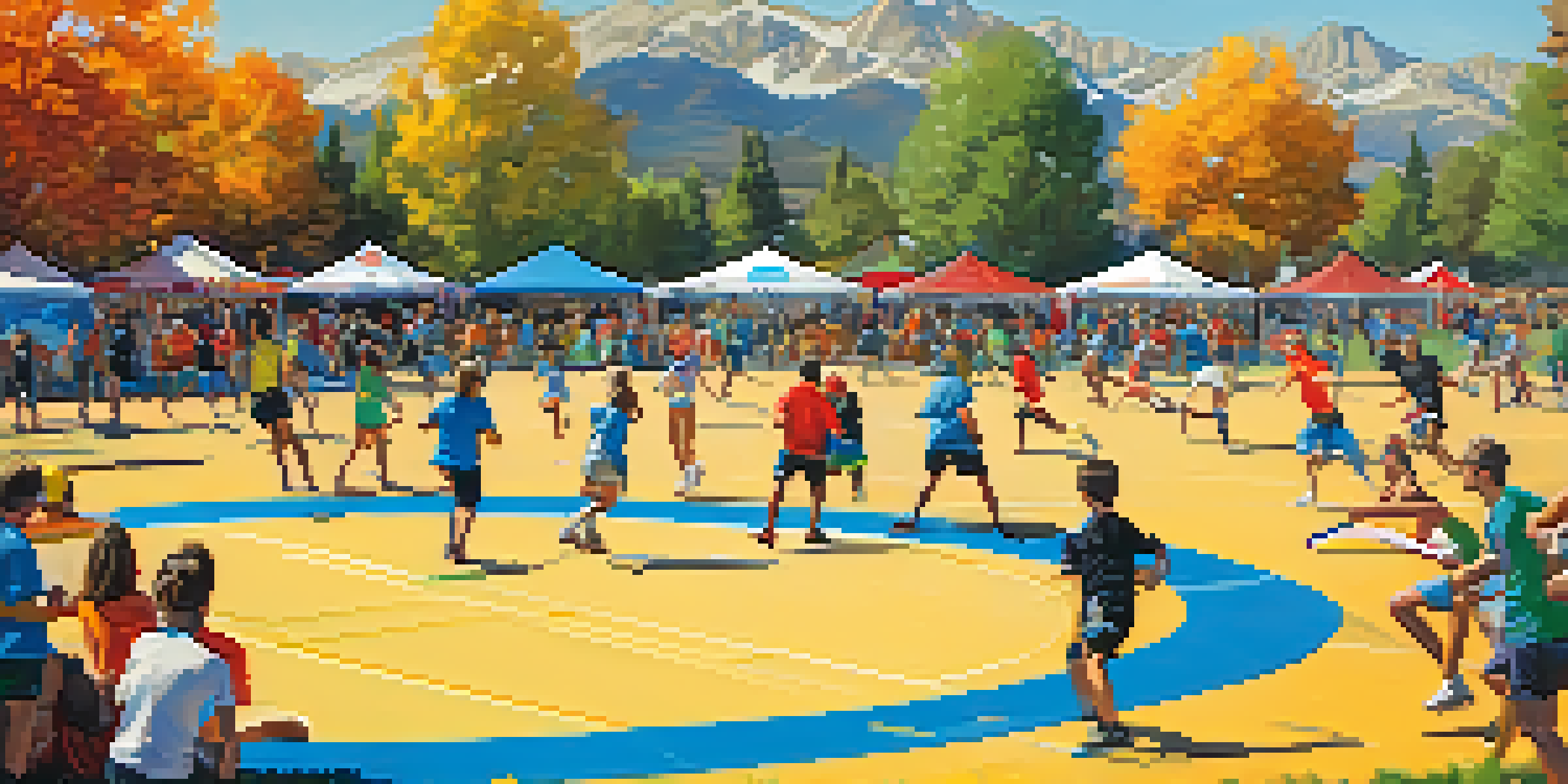 A lively community sports festival in Denver, featuring people engaged in activities like ultimate frisbee and running, with the Rocky Mountains in the background.