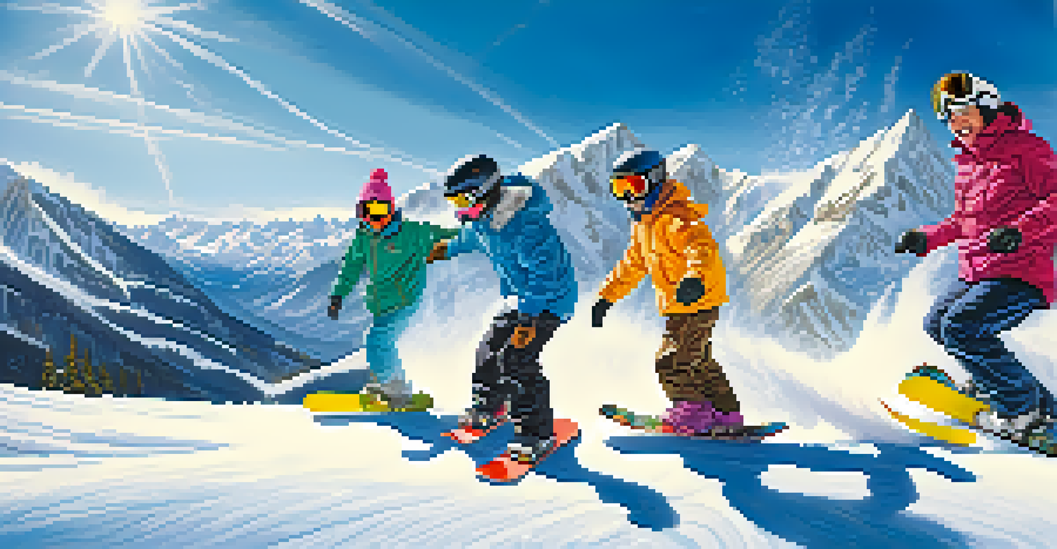A family snowboards together on a sunny day with snow-covered mountains in the background.
