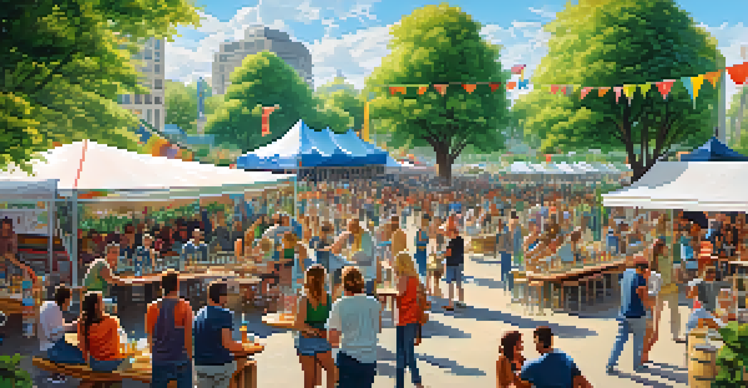 A panoramic view of a bustling beer festival in a park, featuring booths, live music, and attendees enjoying the day.