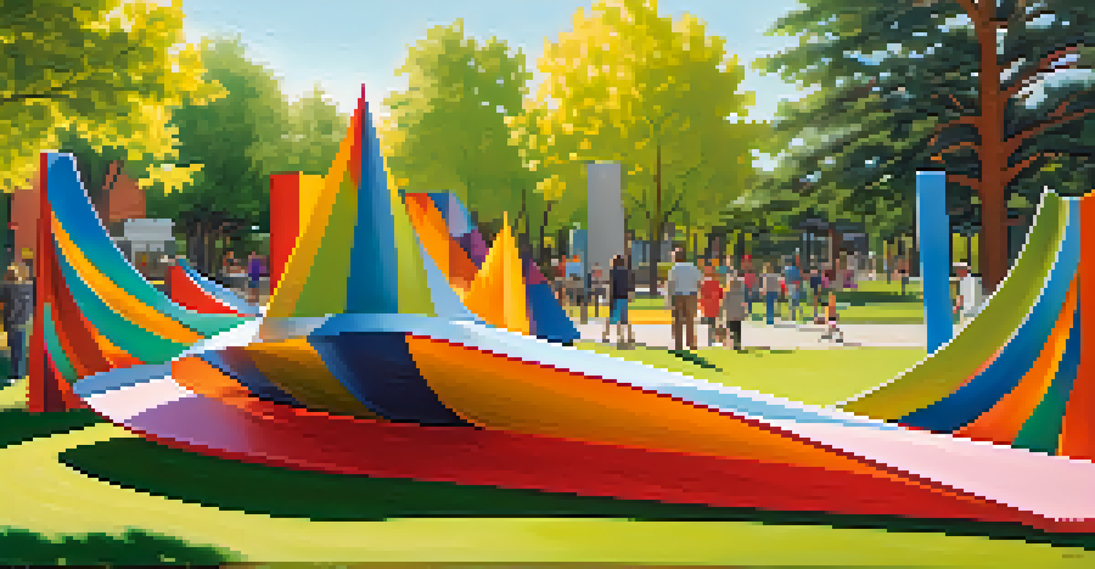 A colorful outdoor sculpture made from recycled materials in a Denver park, with people interacting around it.