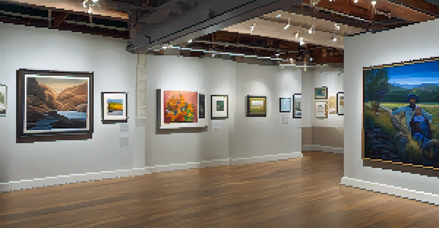 An art gallery in Denver displaying works by immigrant artists, with visitors admiring the art.