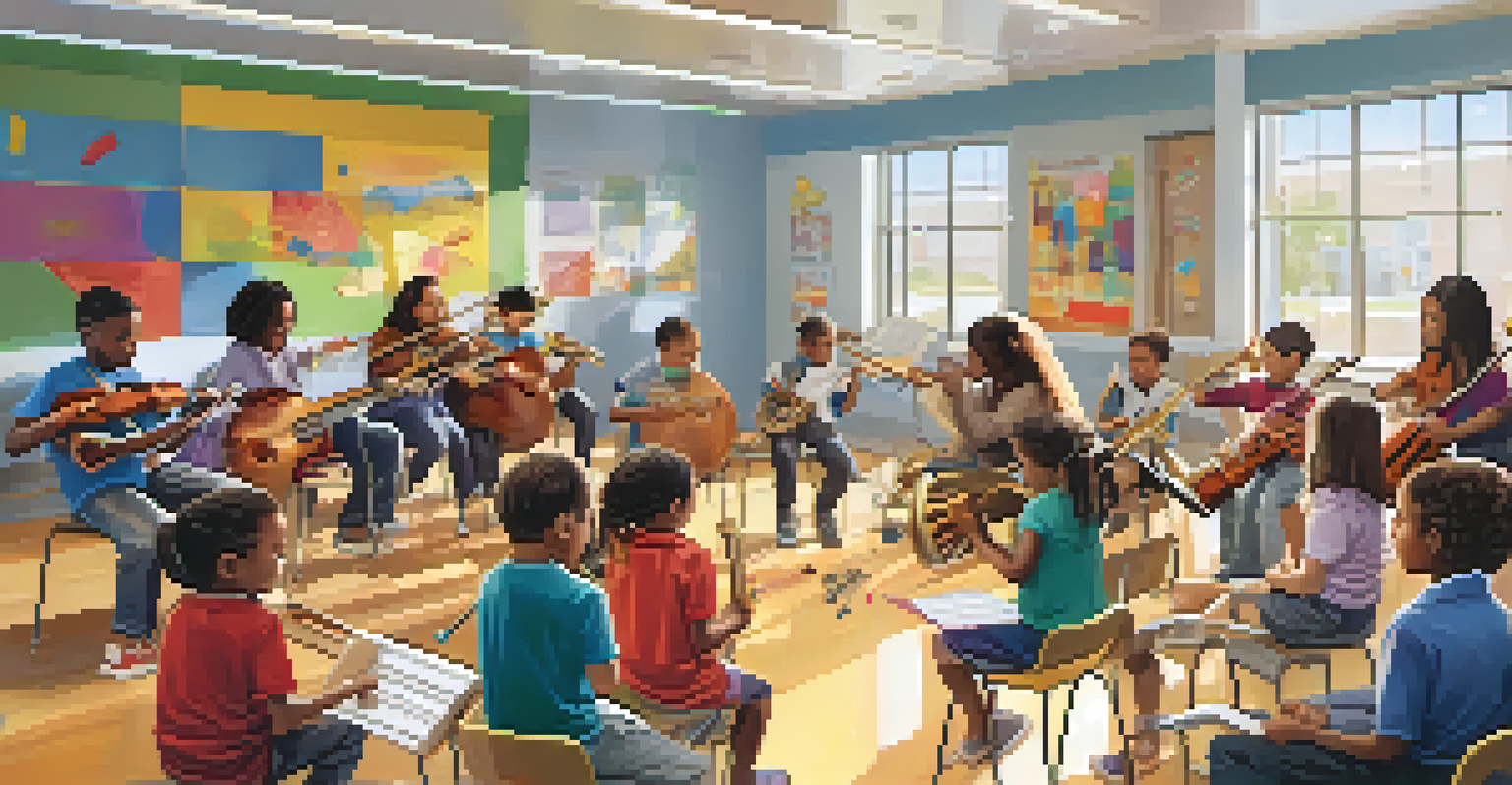 Children participating in a music education class, learning instruments together in a bright classroom.
