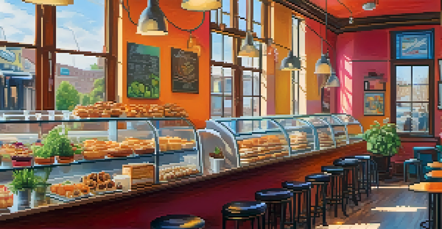 A vibrant vegan café counter displaying a variety of pastries and smoothies, bathed in warm sunlight.