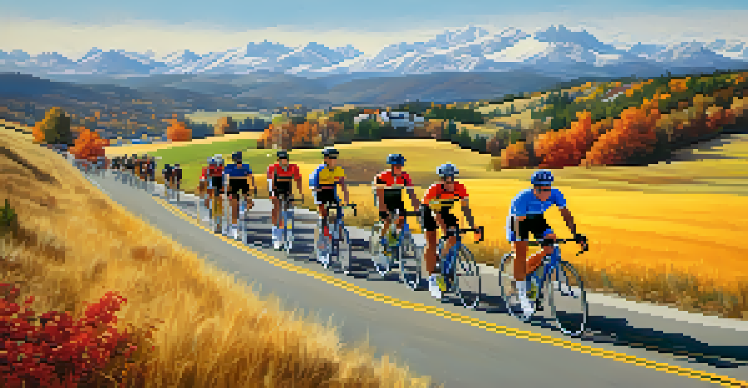 Cyclists in colorful jerseys riding together during the Denver Century Ride, surrounded by scenic hills and fall colors.