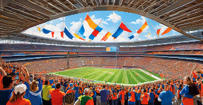 A crowd of enthusiastic Denver sports fans in team jerseys cheering in a stadium, with colorful flags waving and warm lighting.