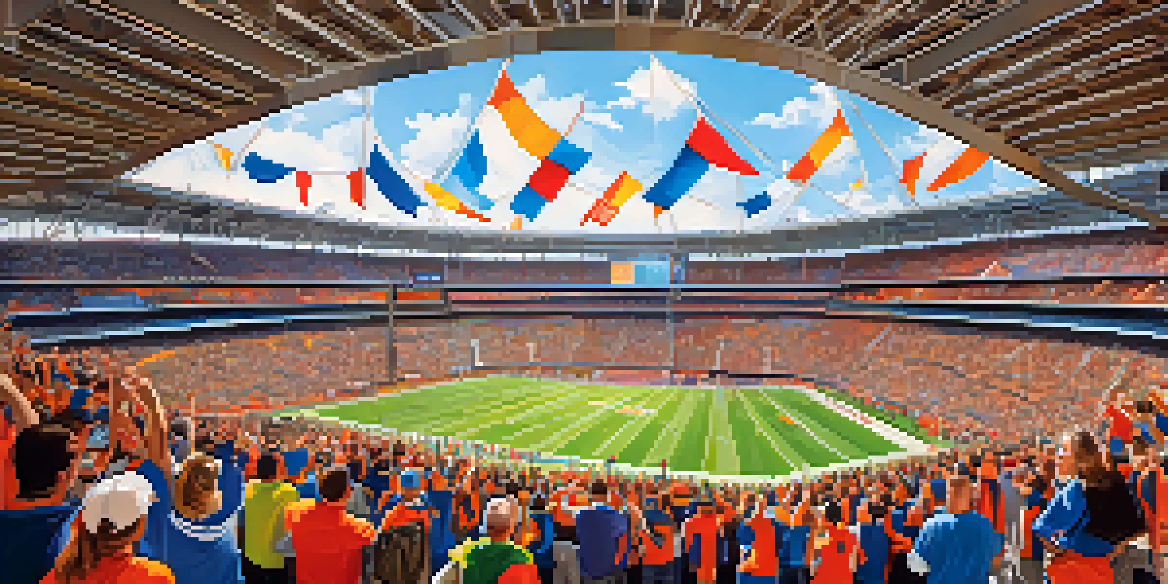 A crowd of enthusiastic Denver sports fans in team jerseys cheering in a stadium, with colorful flags waving and warm lighting.