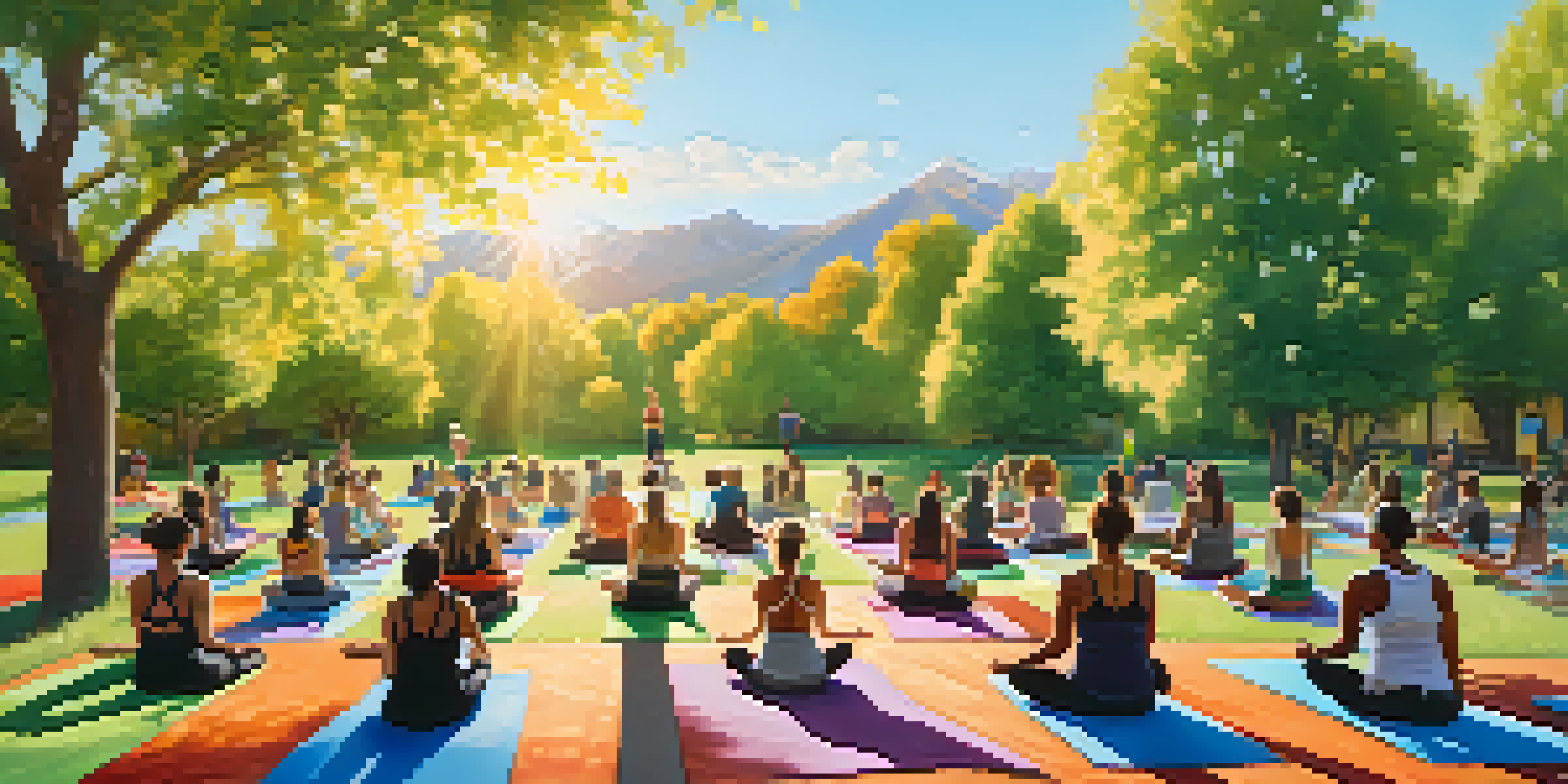 A group of people practicing yoga outdoors in a sunny park, surrounded by trees and mountains.