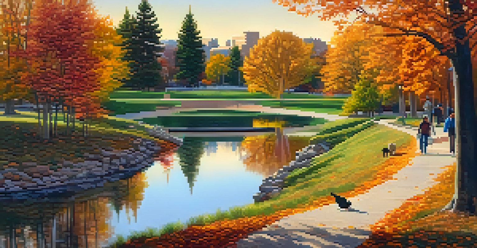 An autumn landscape in Washington Park with colorful trees, families walking, and a sunset reflecting in the lakes.