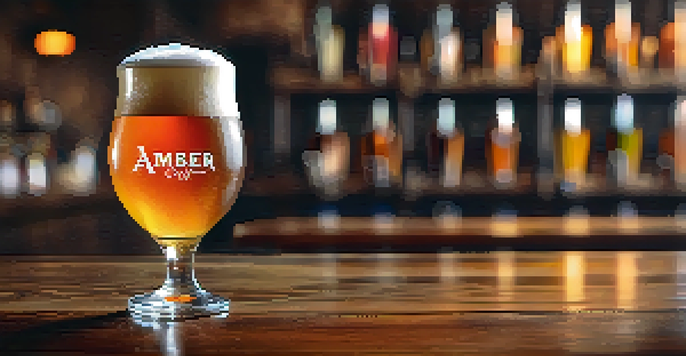 A close-up view of a pint of amber craft beer in a tulip glass on a wooden table, with a cozy brewery background.