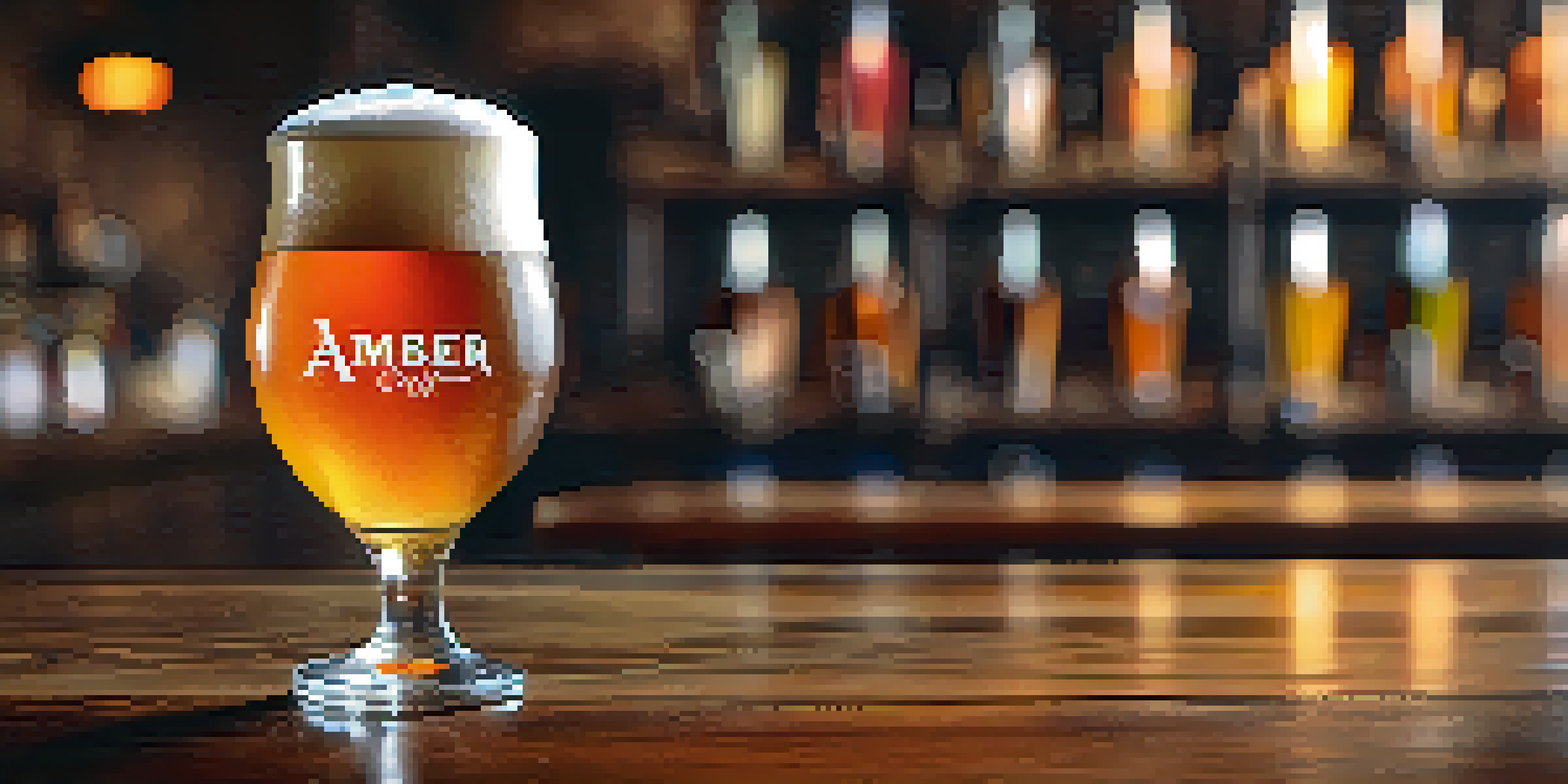 A close-up view of a pint of amber craft beer in a tulip glass on a wooden table, with a cozy brewery background.
