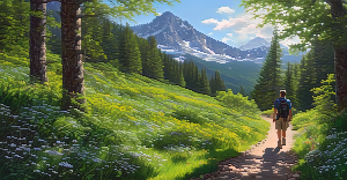 A peaceful mountain trail surrounded by greenery and wildflowers, with a hiker in the distance.