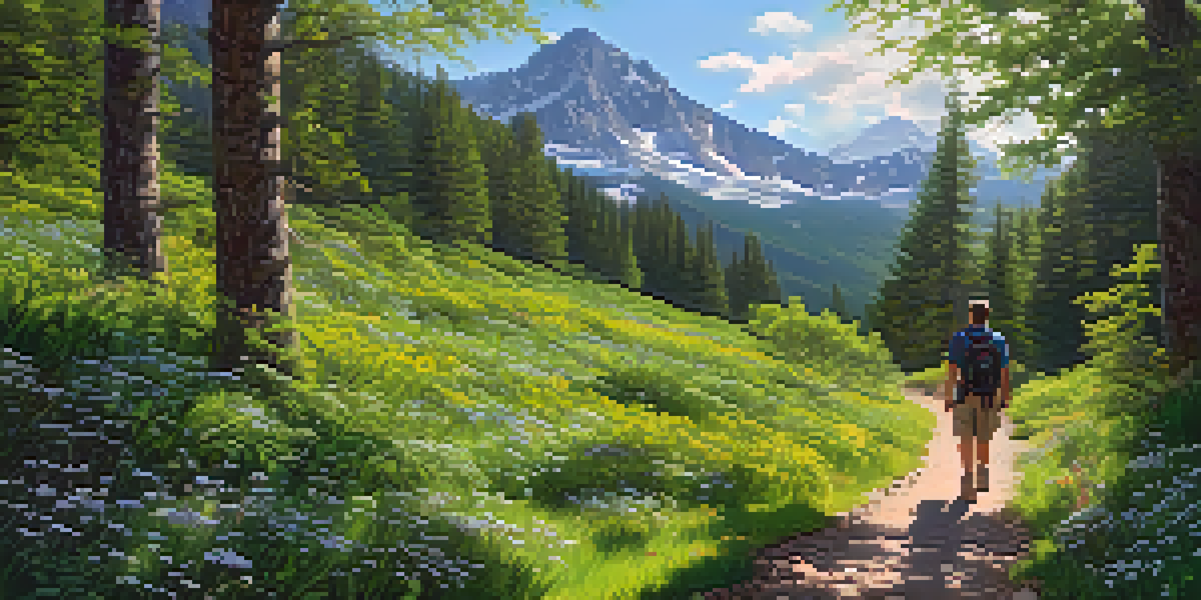 A peaceful mountain trail surrounded by greenery and wildflowers, with a hiker in the distance.
