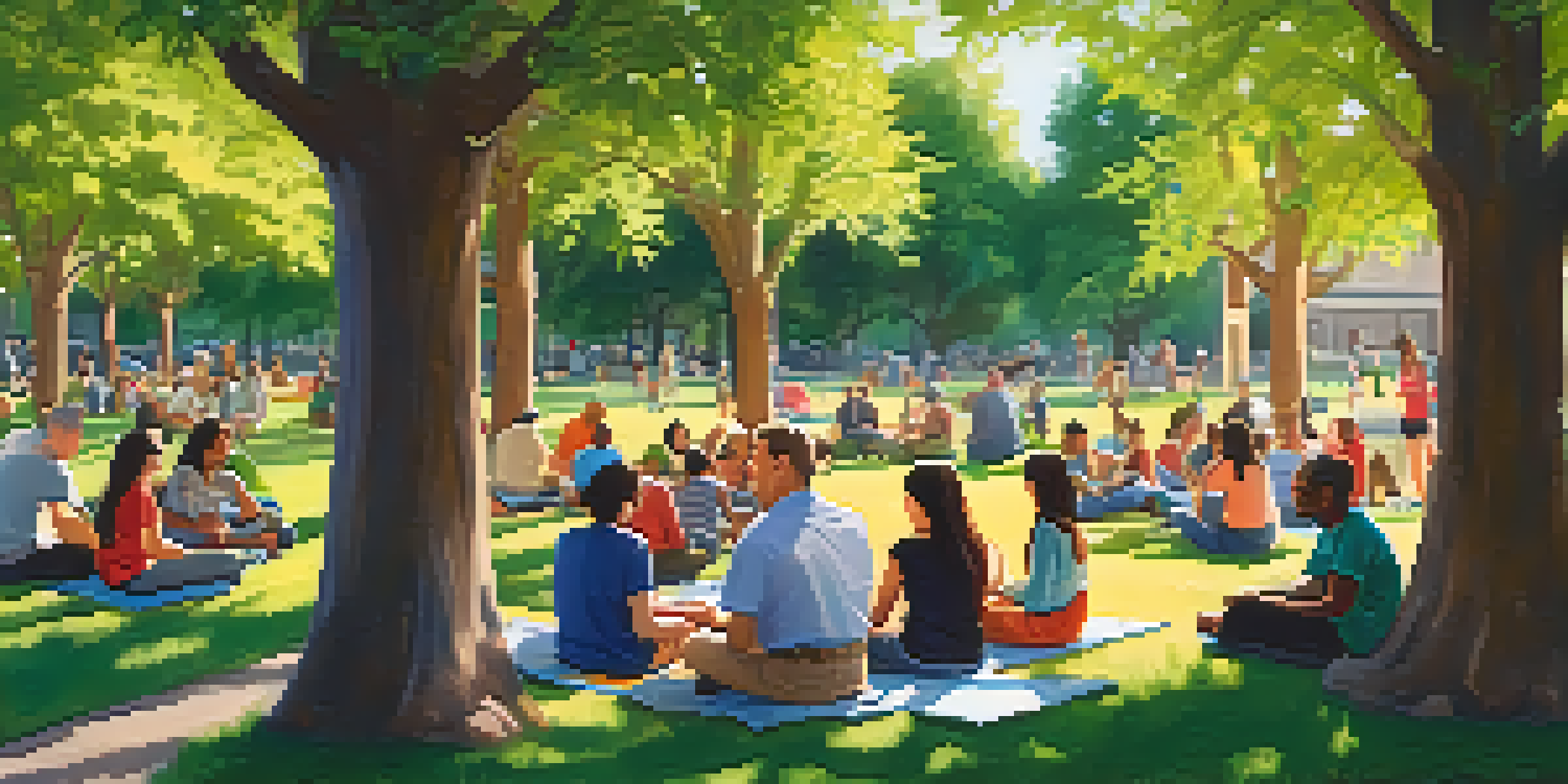 A vibrant community mental health event in a park, with people discussing and engaging under a colorful banner.