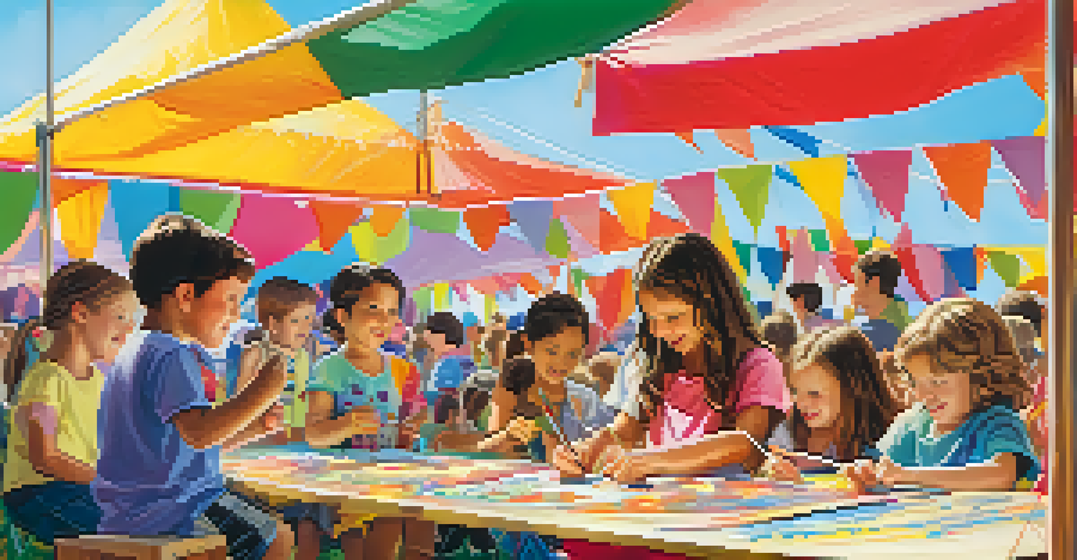 Children participating in crafts at a family-friendly music festival, with bright colors and joyful expressions.