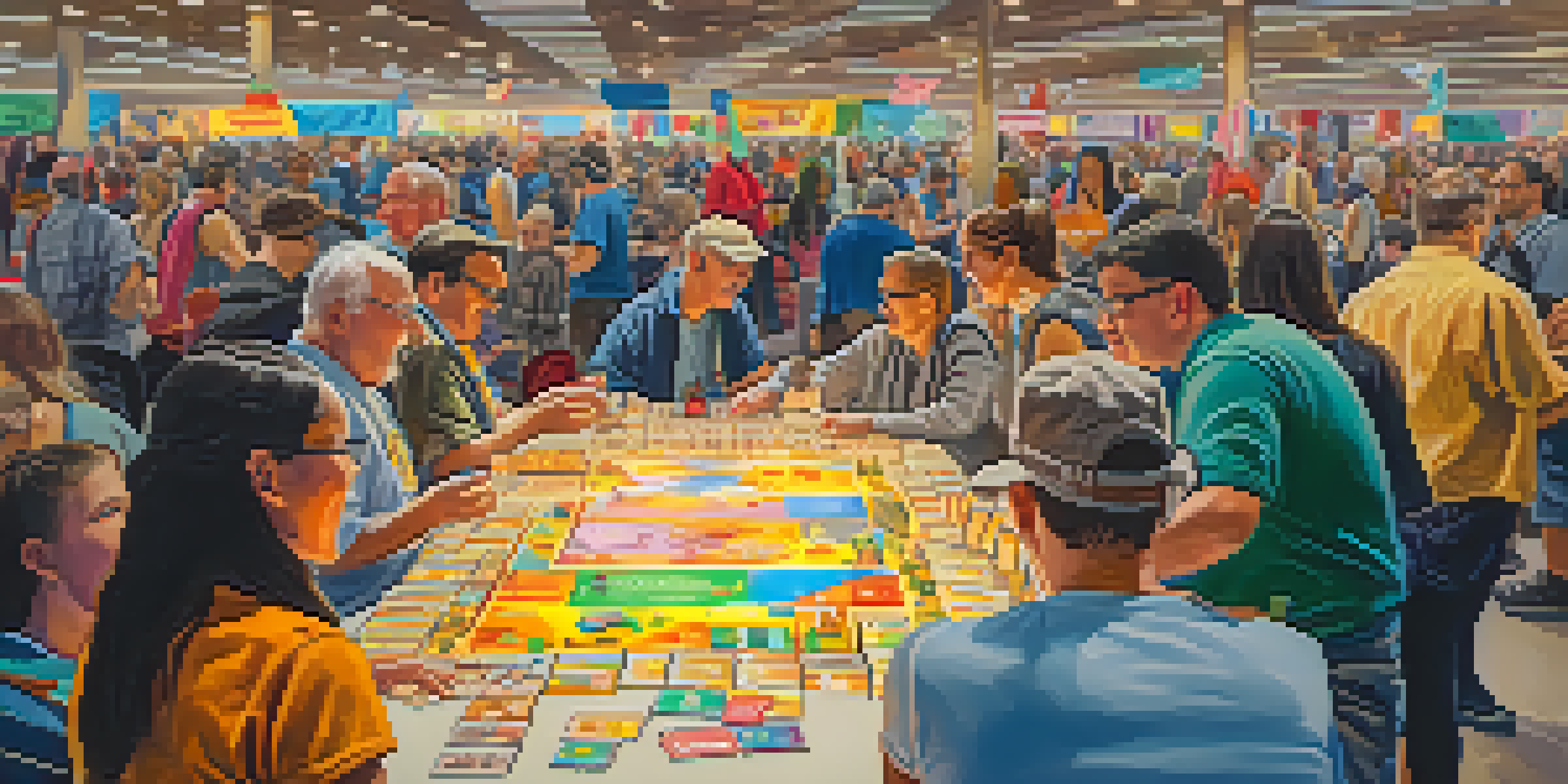 A diverse group of people enjoying board games at the Denver Board Game Festival, surrounded by colorful decorations and a warm atmosphere.