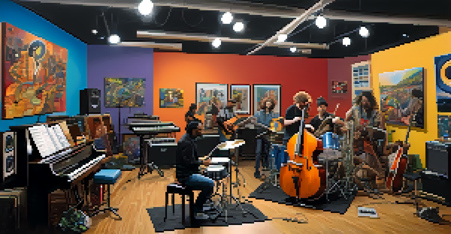 A diverse group of musicians participating in a collaborative jam session in a Denver studio, surrounded by instruments and colorful artwork.