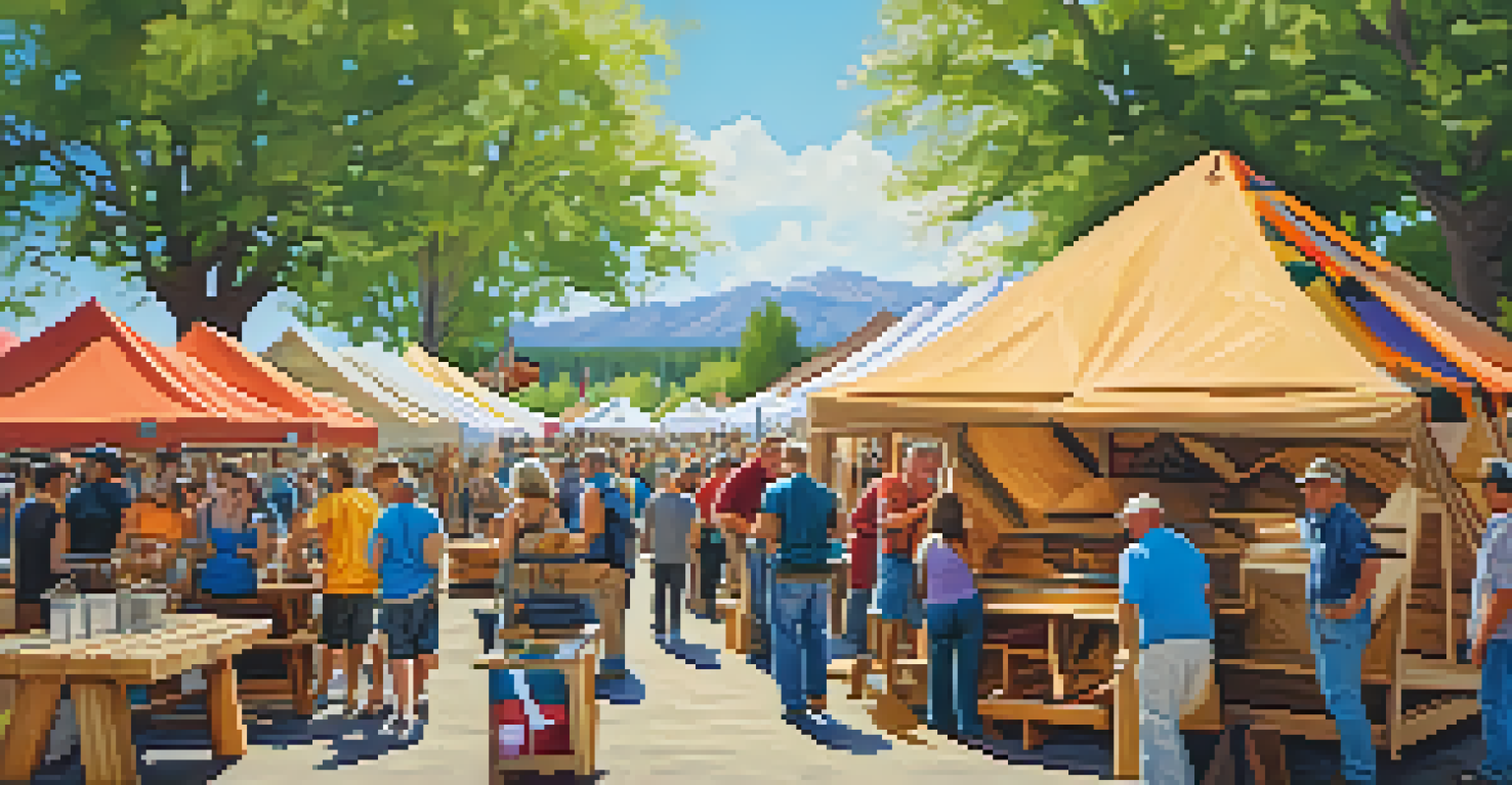 A lively outdoor woodworking festival with artisans showcasing their handmade wooden items and attendees enjoying the event.