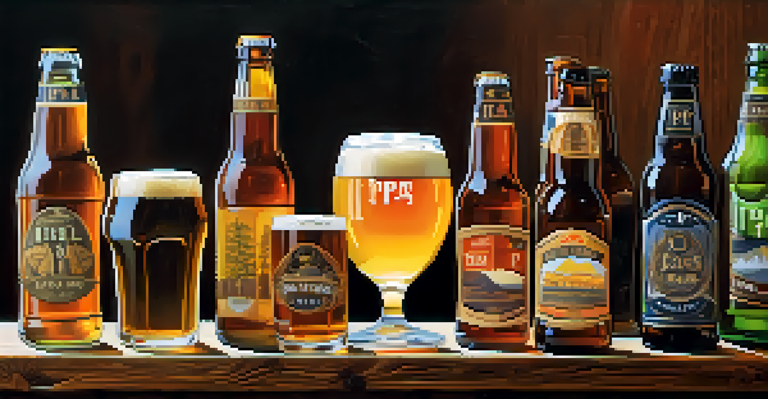 An artistic display of craft beer bottles and glasses with tasting notes on a wooden table.