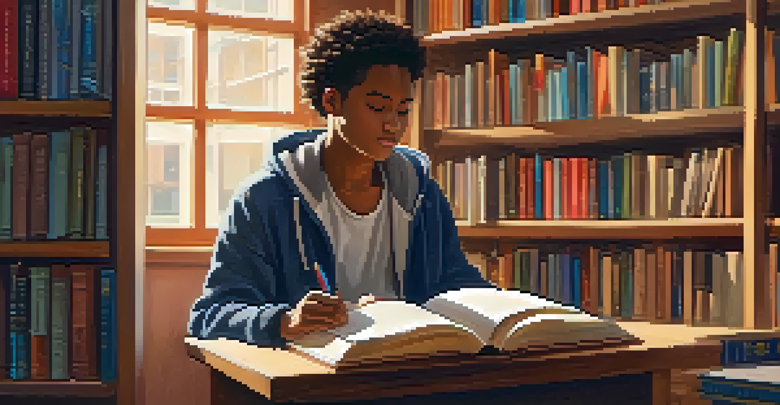 A student reading a book by a diverse author in a cozy library, surrounded by bookshelves filled with cultural literature.