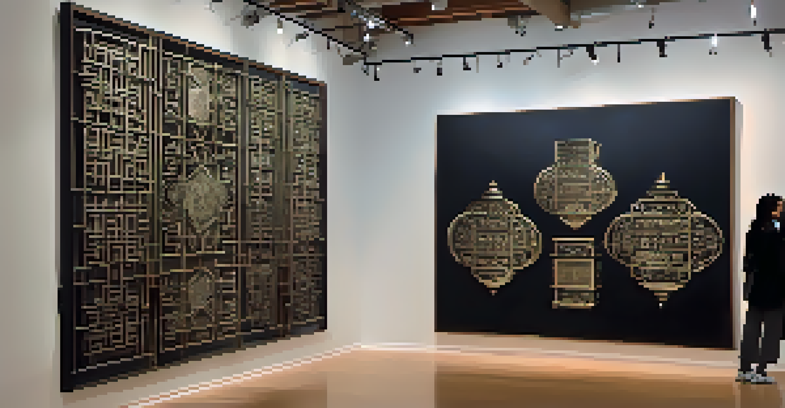 An art installation in a gallery showcasing traditional calligraphy mixed with modern elements, illuminated by soft lighting.