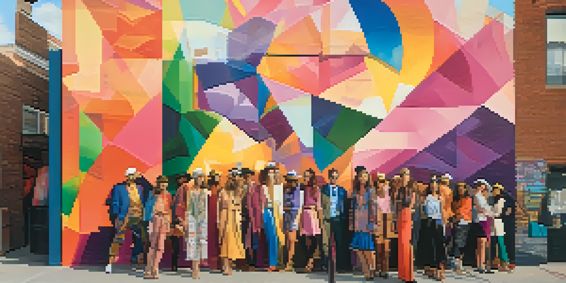 A lively street scene in Denver with people in fashionable clothing standing in front of a colorful mural, illuminated by a golden sunset.