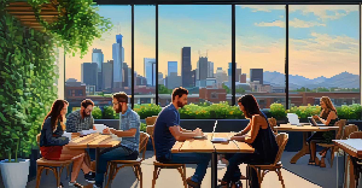 An outdoor terrace of a co-working space featuring a city skyline view, with professionals networking and working amidst greenery.