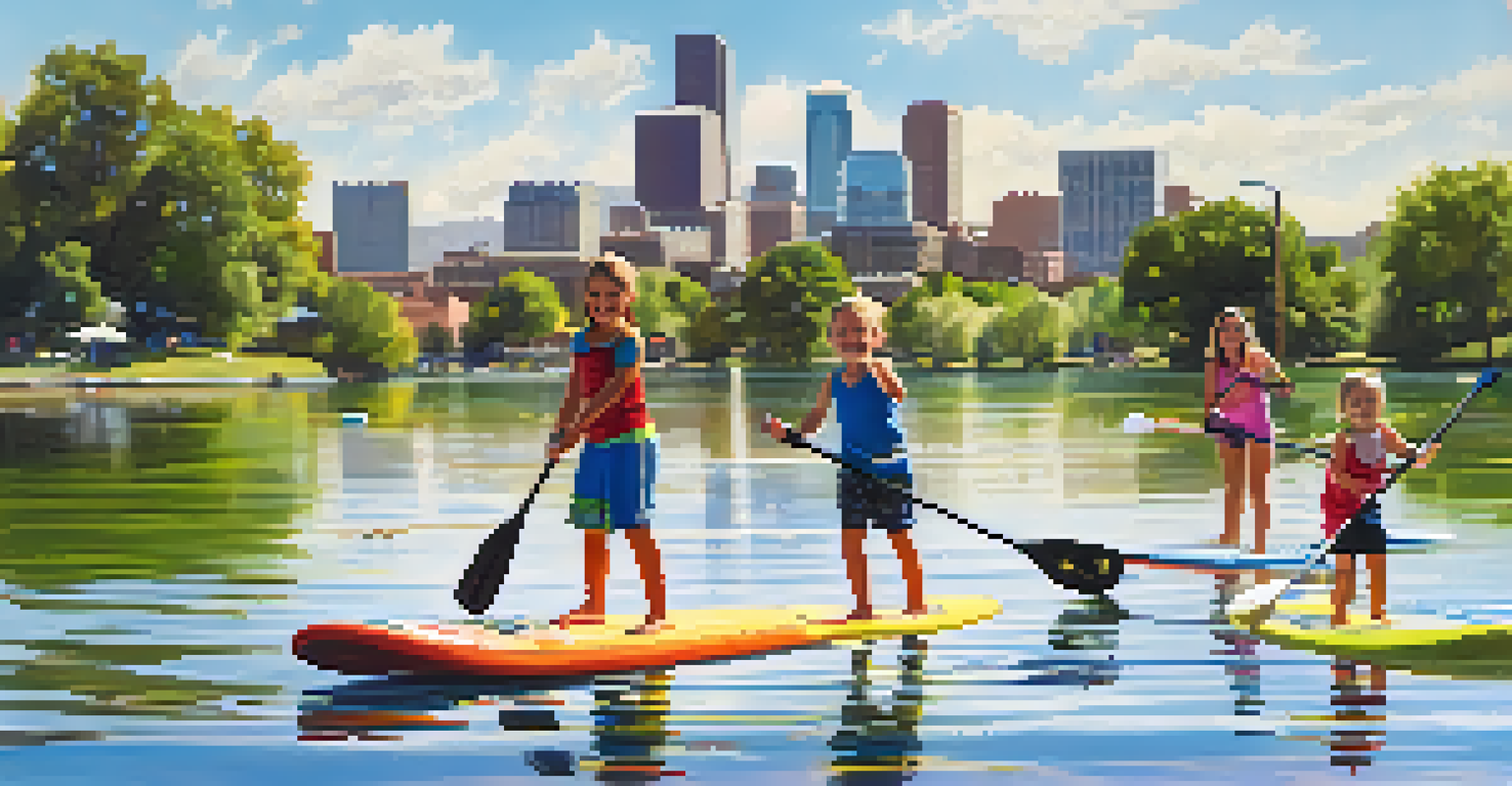 A family paddleboarding on Sloan's Lake with the Denver skyline in the background, enjoying a sunny day.