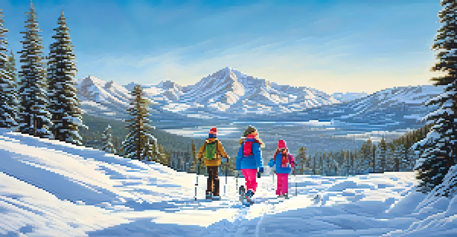 A family snowshoeing around Evergreen Lake with children playing in the snow, surrounded by mountains and a clear blue sky.