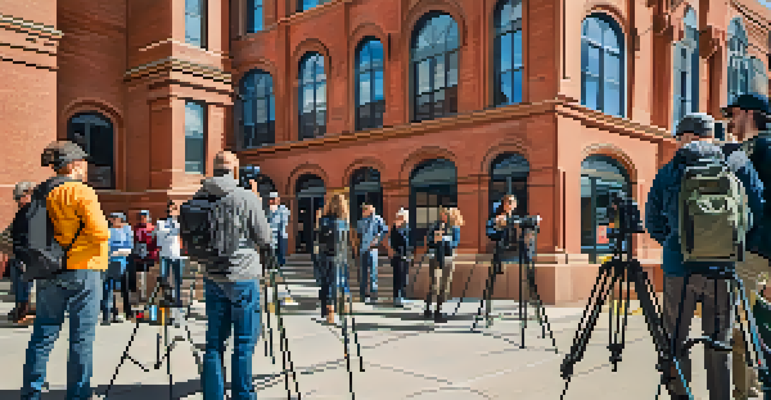 A group of diverse photographers participating in a workshop, learning about photography techniques in front of Denver's architecture.