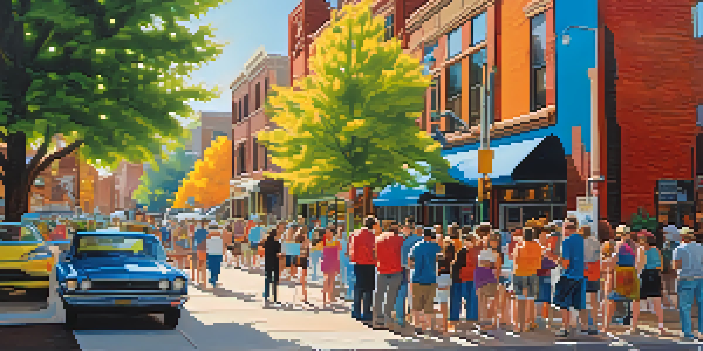 A lively street scene in Denver with artists painting colorful murals, surrounded by people observing, under a sunny sky.