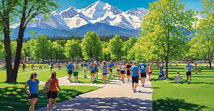 A diverse group of people enjoying a walking tour in Denver's park, surrounded by nature and mountains.