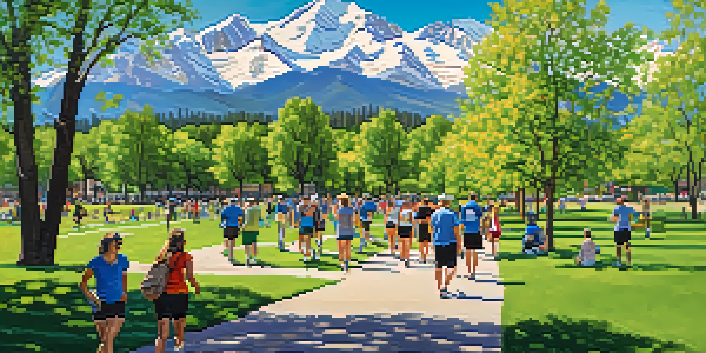 A diverse group of people enjoying a walking tour in Denver's park, surrounded by nature and mountains.