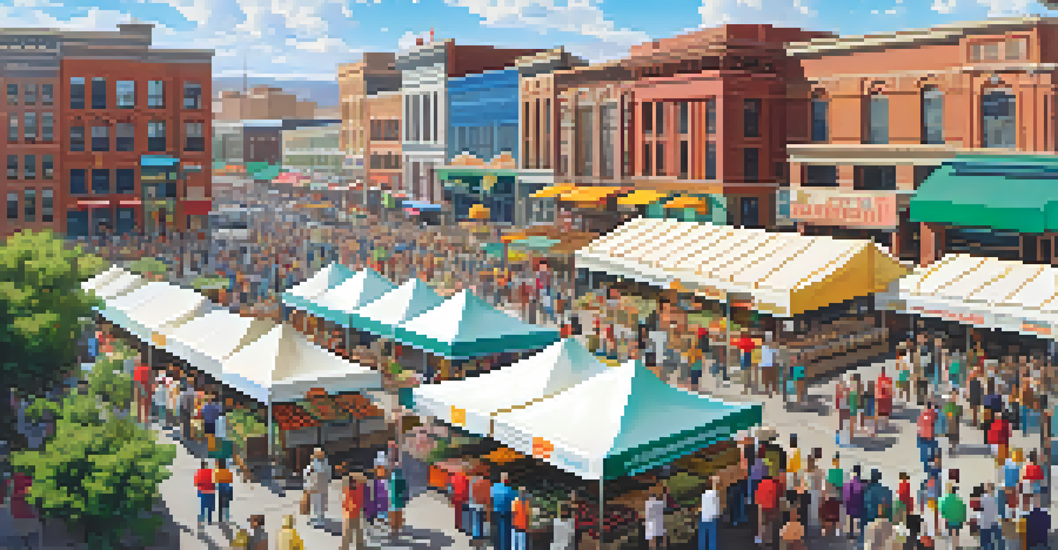 Aerial view of a lively market in Denver with colorful stalls and a diverse crowd of people.