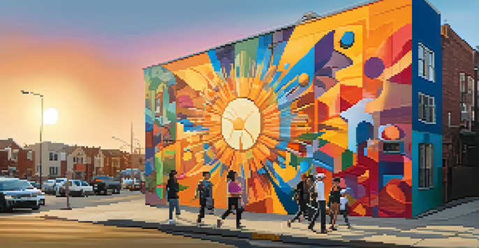 A colorful street art mural in an urban neighborhood during sunset, with people admiring the artwork.