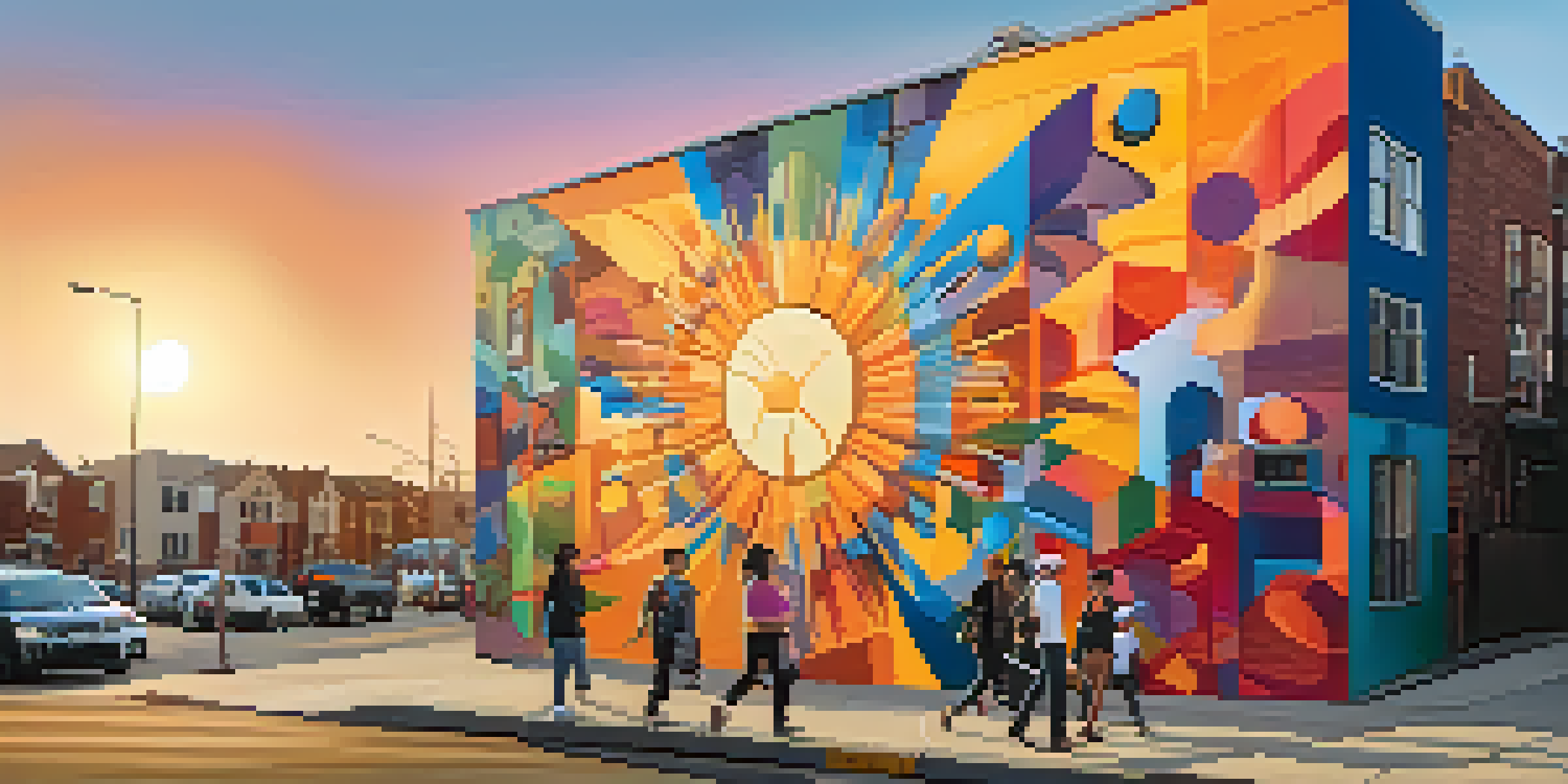 A colorful street art mural in an urban neighborhood during sunset, with people admiring the artwork.