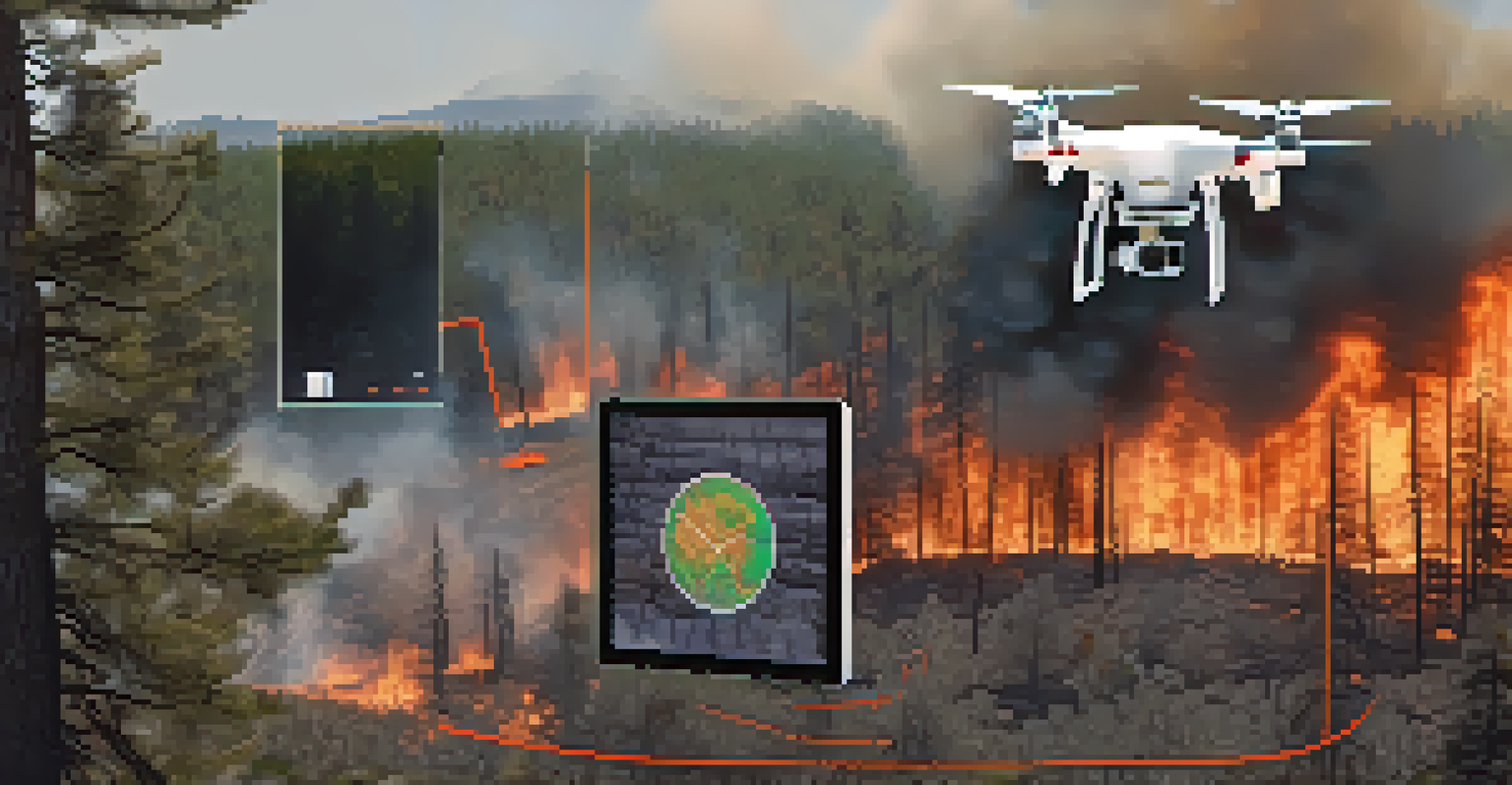 A close-up of a drone used in wildfire management, displaying real-time data over a forest affected by fire.