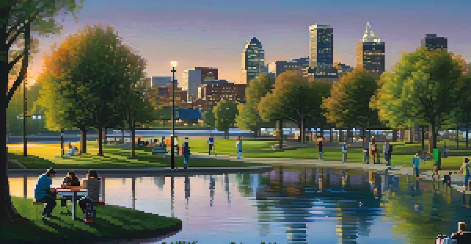 People fishing at Sloan's Lake at dusk, with the illuminated city skyline in the background and families enjoying the park.