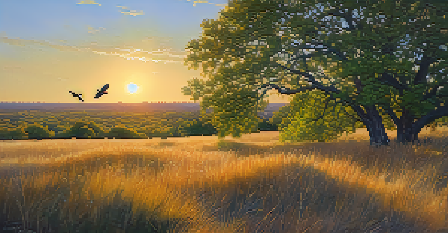 A scenic landscape of Cherry Creek State Park at sunset, with a Red-tailed Hawk in the sky and a Yellow Warbler among the trees.