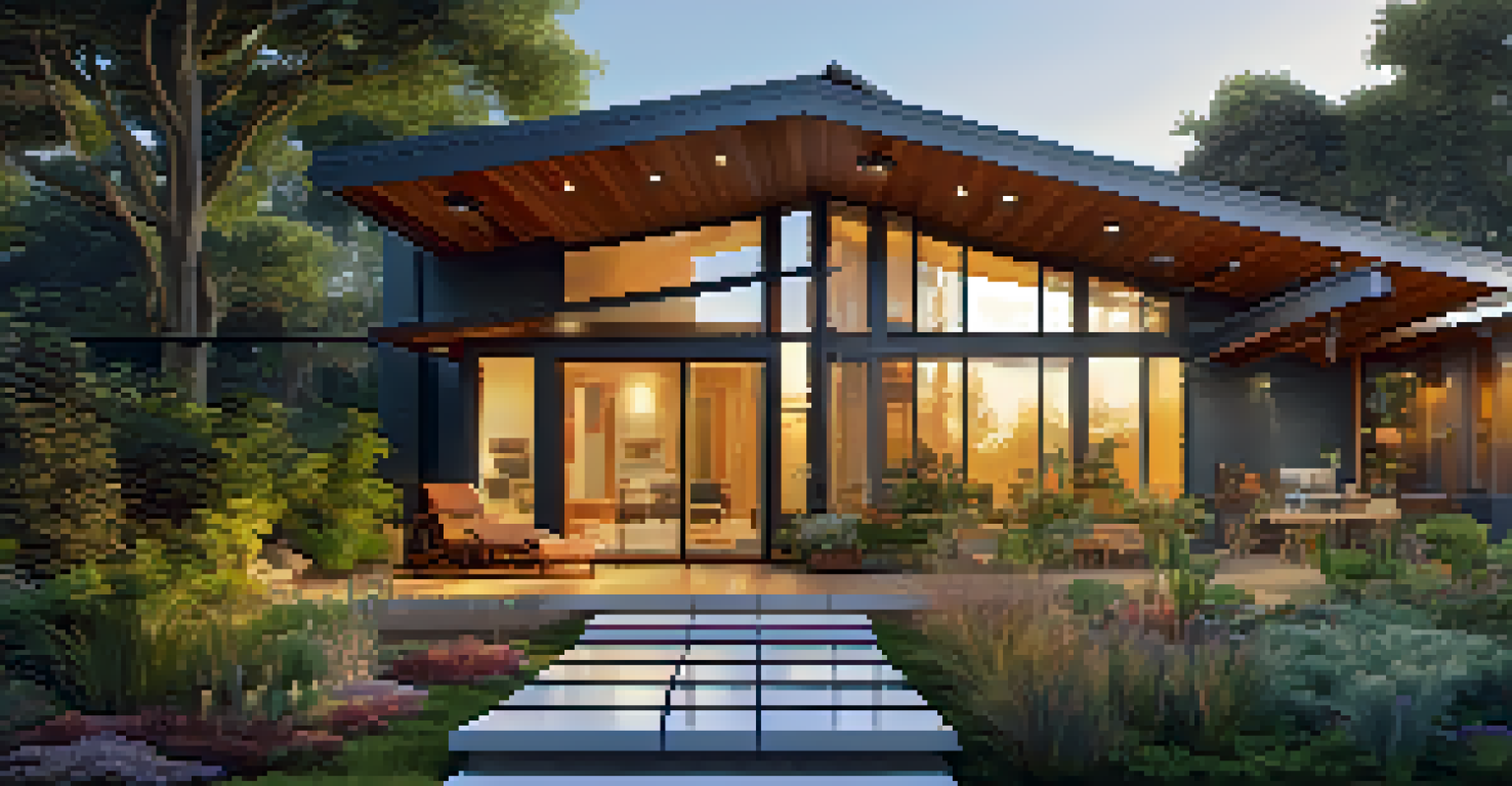 An eco-friendly home with solar panels and a beautiful garden, illuminated by warm evening light.