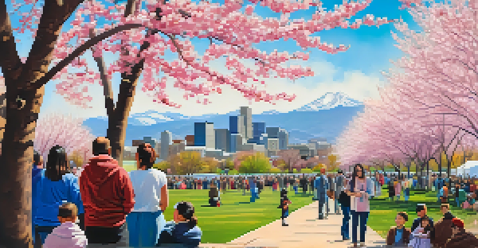 A lively festival scene celebrating cherry blossoms with diverse attendees enjoying performances and art, set against the Denver skyline.
