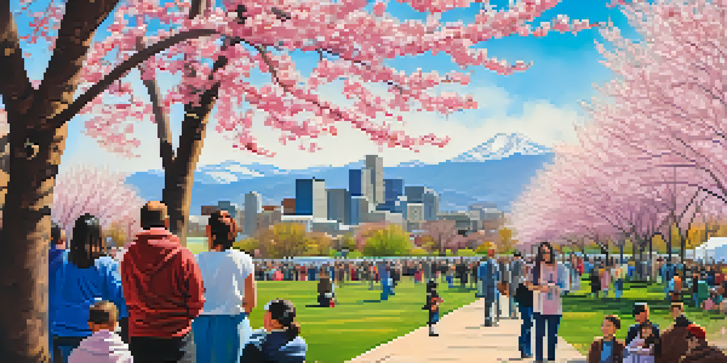 A lively festival scene celebrating cherry blossoms with diverse attendees enjoying performances and art, set against the Denver skyline.