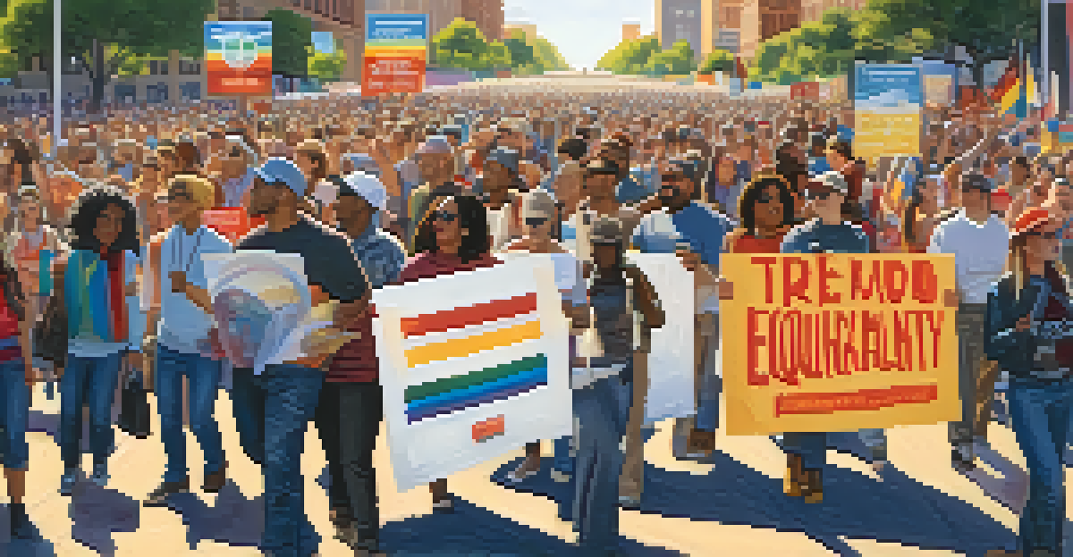 A passionate advocacy event with diverse individuals holding signs for equality, illuminated by warm sunlight in a public space.