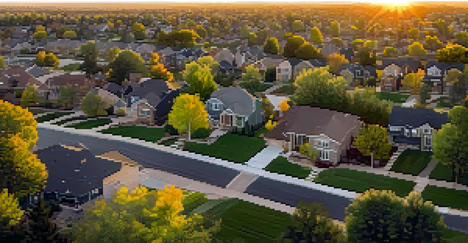An aerial view of a suburban neighborhood in Denver with modern homes, yards, and parks during sunset.