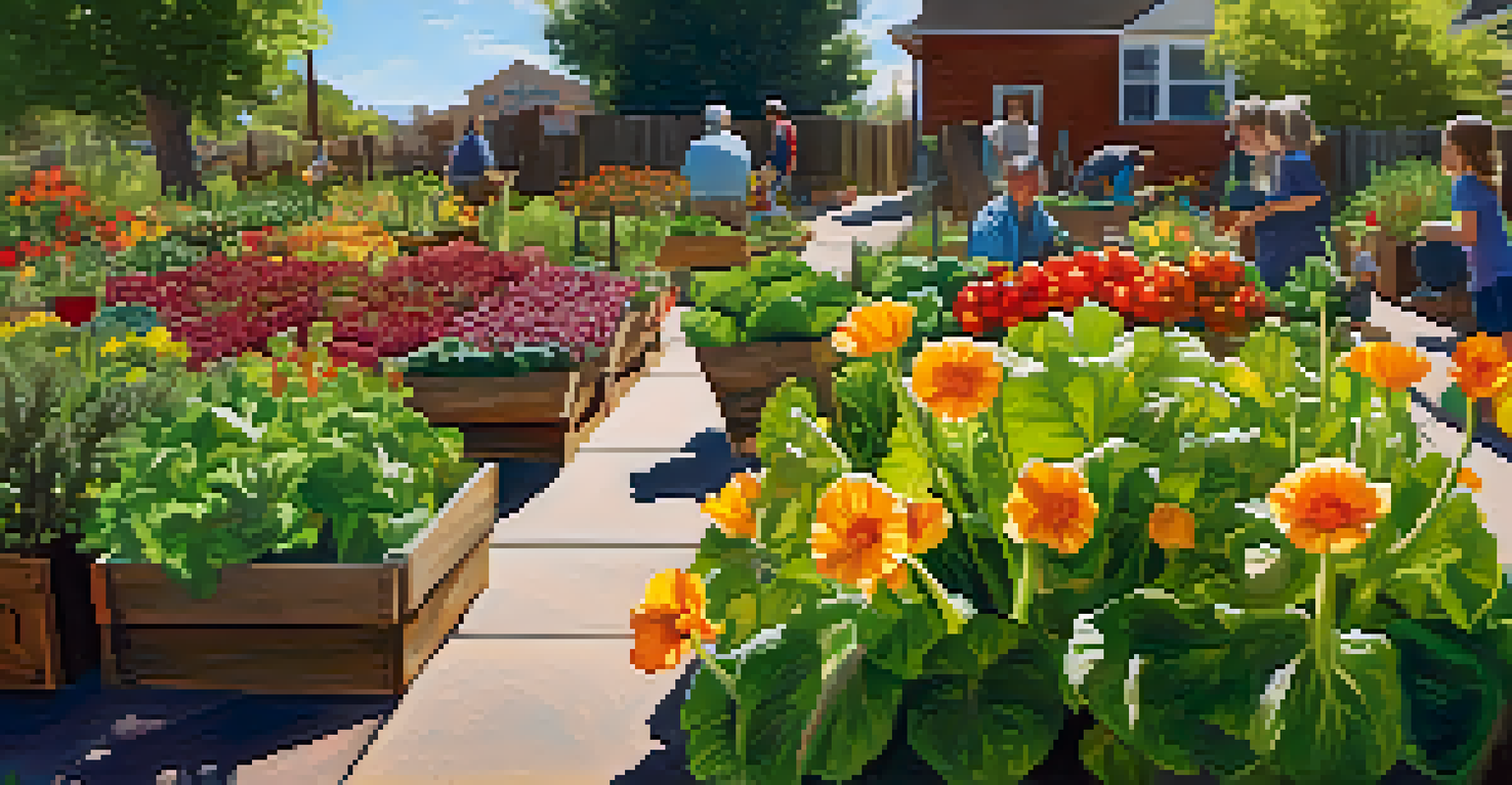 A community garden in Denver with colorful vegetables and flowers, featuring diverse residents gardening together under a warm sun.