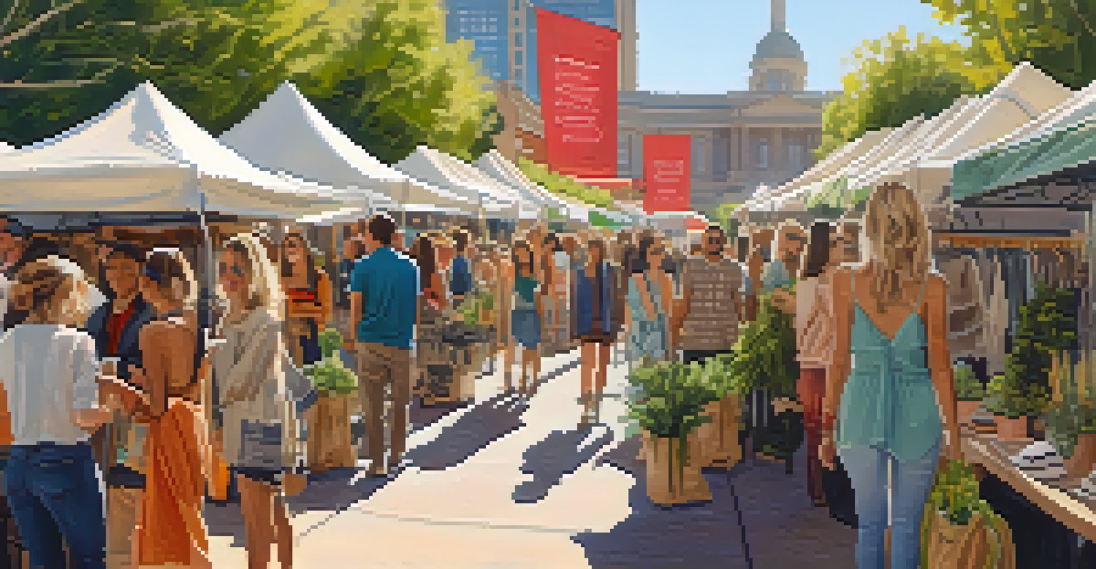 An outdoor fashion market in Denver featuring sustainable clothing, eco-friendly vendors, and happy shoppers.